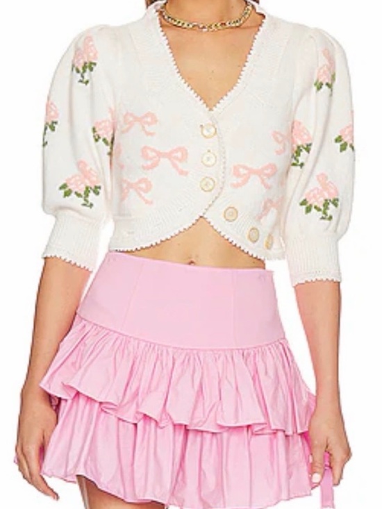 LoveShackFancy Sweaters - LoveShackFancy Cream Cropped Knit Sweater with Scalloped Edge